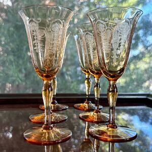 Set of 6 Vintage UV Reactive Etched Amber Aperitif Glasses, Floral Cordial